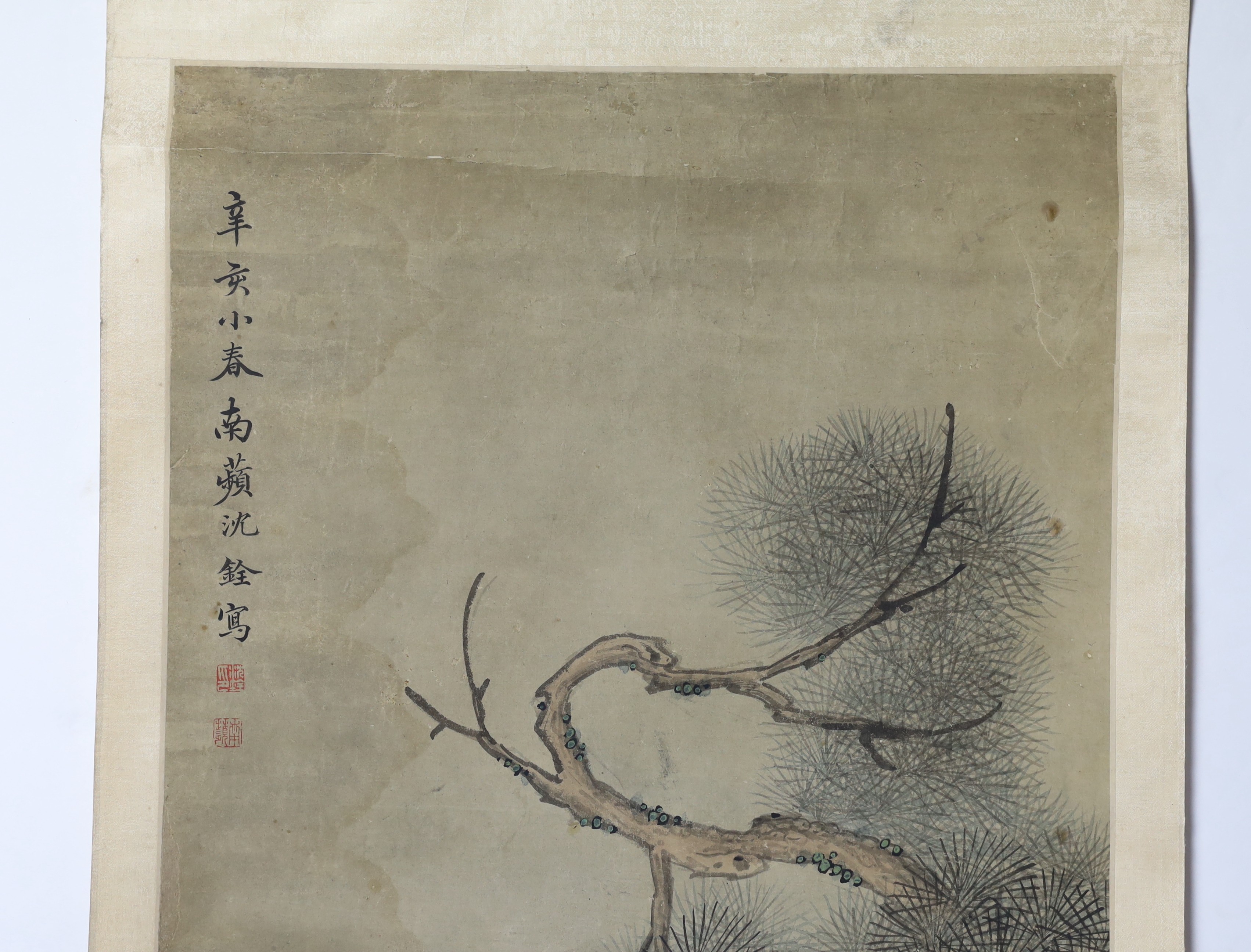 A Chinese scroll painting on paper of cranes perched in a pine tree, 19th century, image 163.5cm x 44cm